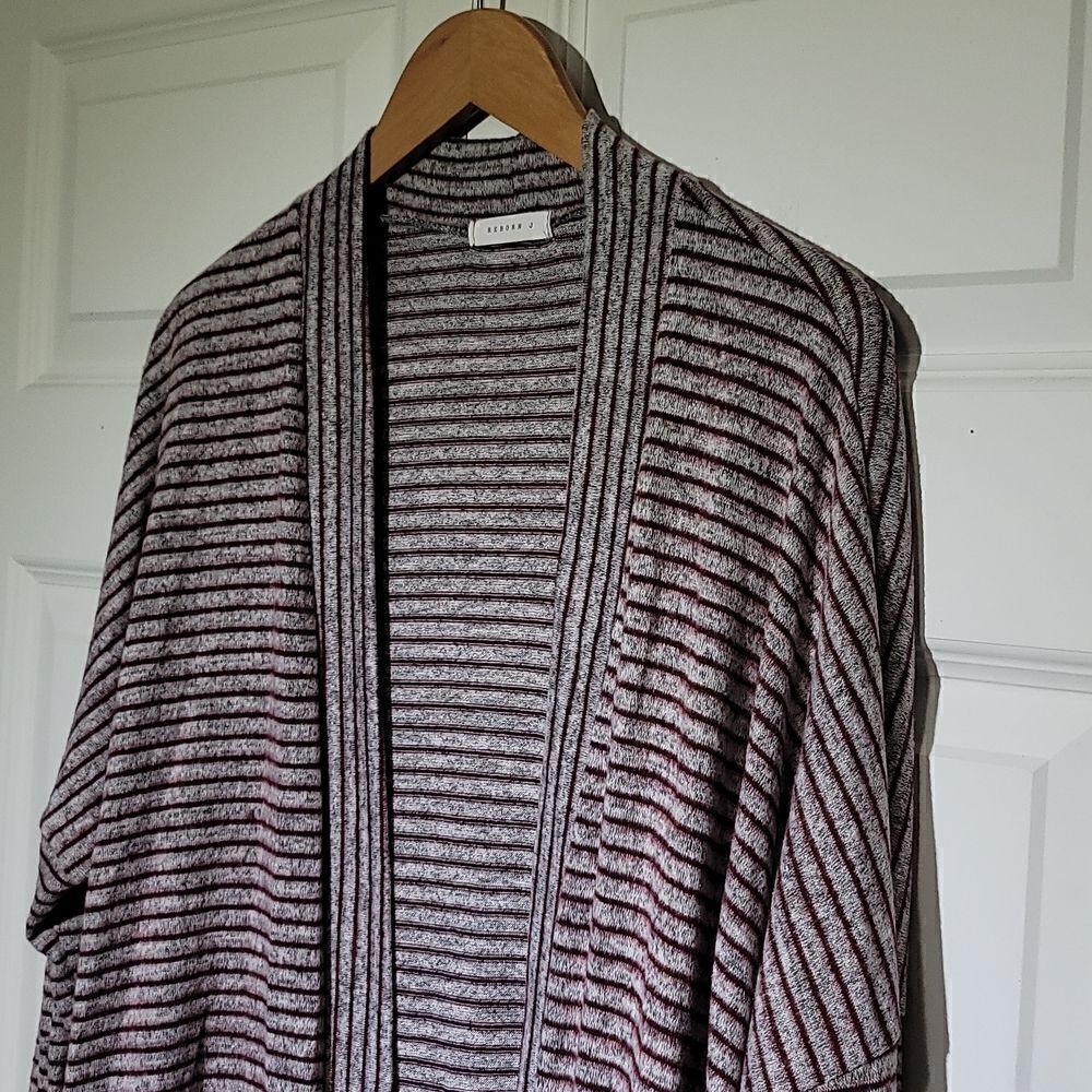 Reborn J Women's Oversized Striped Burgundy and Gray Cardigan Sweater - Picture 2 of 6